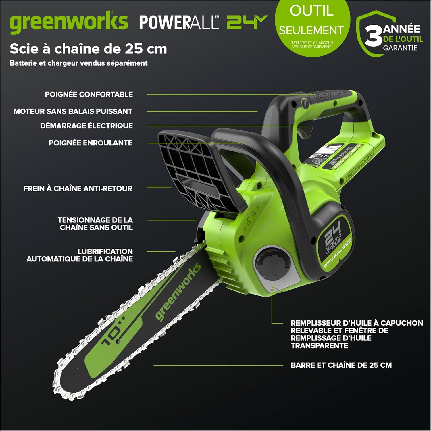 Greenworks 24V Scie à Chaîne Sans Fil, Scie Électrique à Batterie Brushless 25cm avec Graissage Automatique, Vitesse de Chaîne 7.8m/s, Outil Seulement