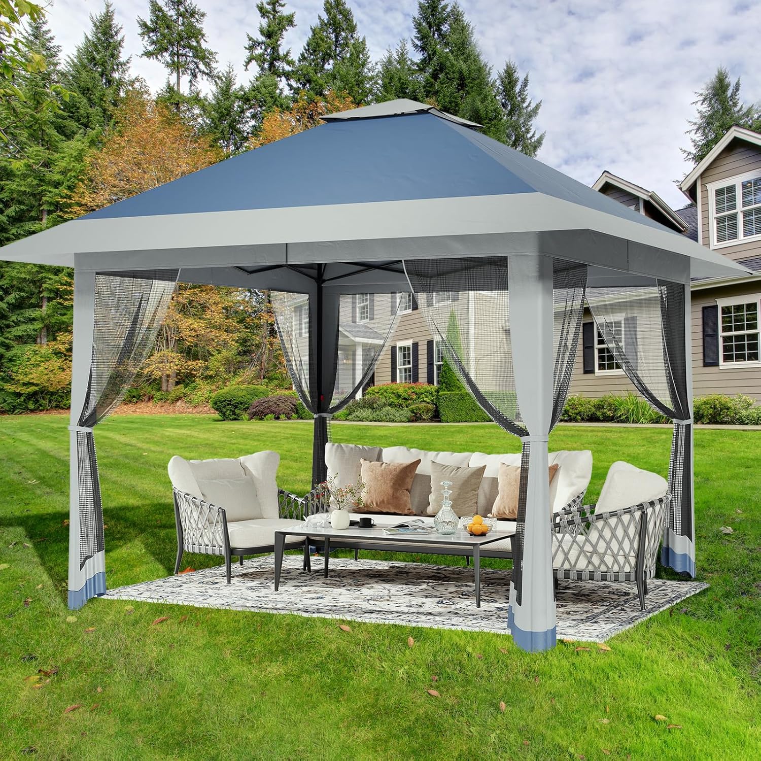 Garvee - Tonnelle pop-up série jardin - 3,96x3,96m - toit double imperméable, moustiquaire, hauteur réglable
