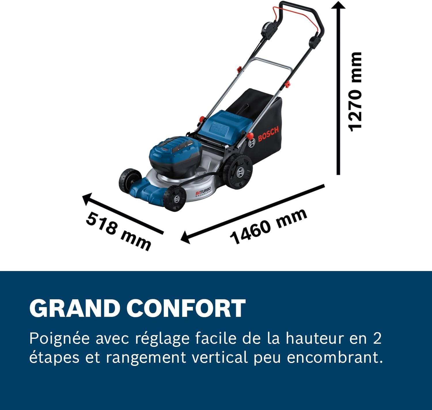 Bosch Professional 18V System tondeuse à gazon sans-fil GRA 18V2-46 (largeur coupe : 46 cm, réglage de hauteur dans 6 positions, sac ramassage en toile 60 l, 2 clés coupe-circuit, bouchon mulching)