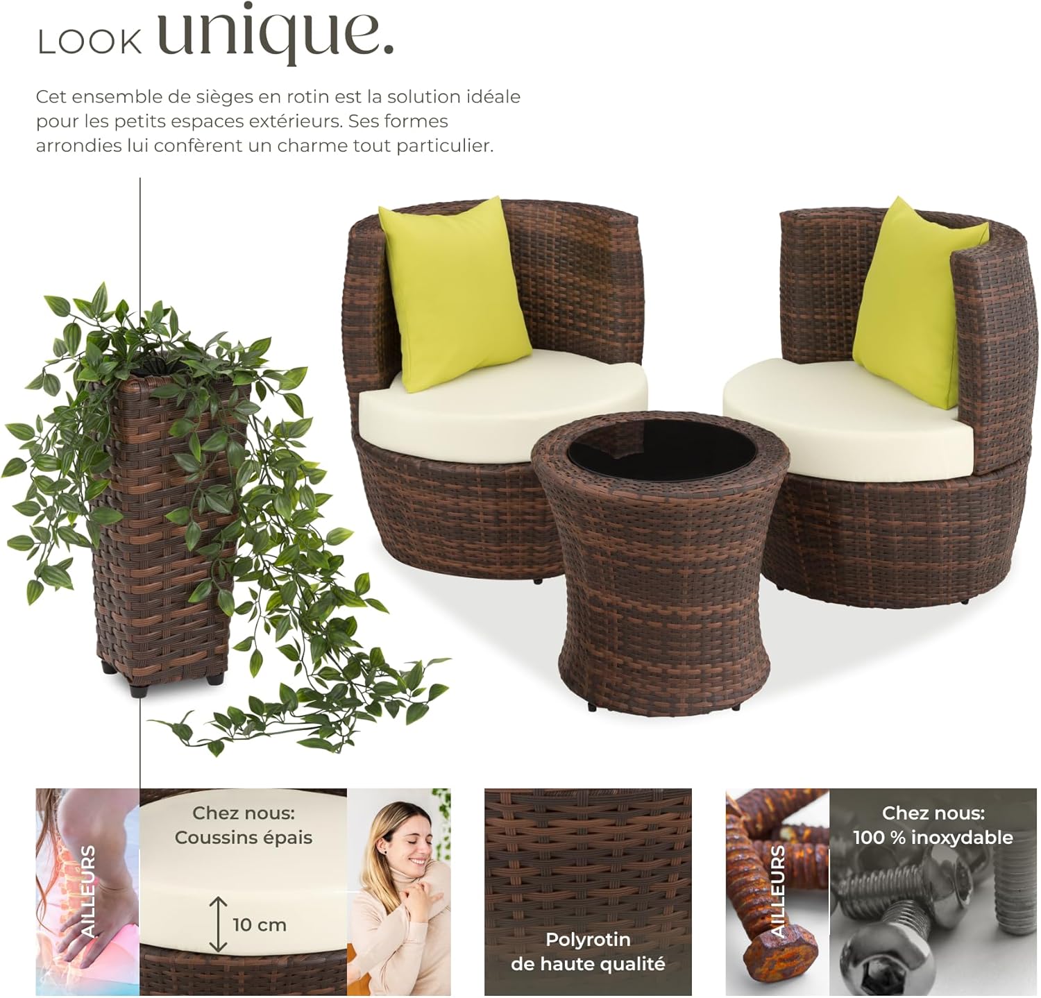 tectake - Salon de jardin 2 places - aluminium & rotin, coussins, pot, balcon