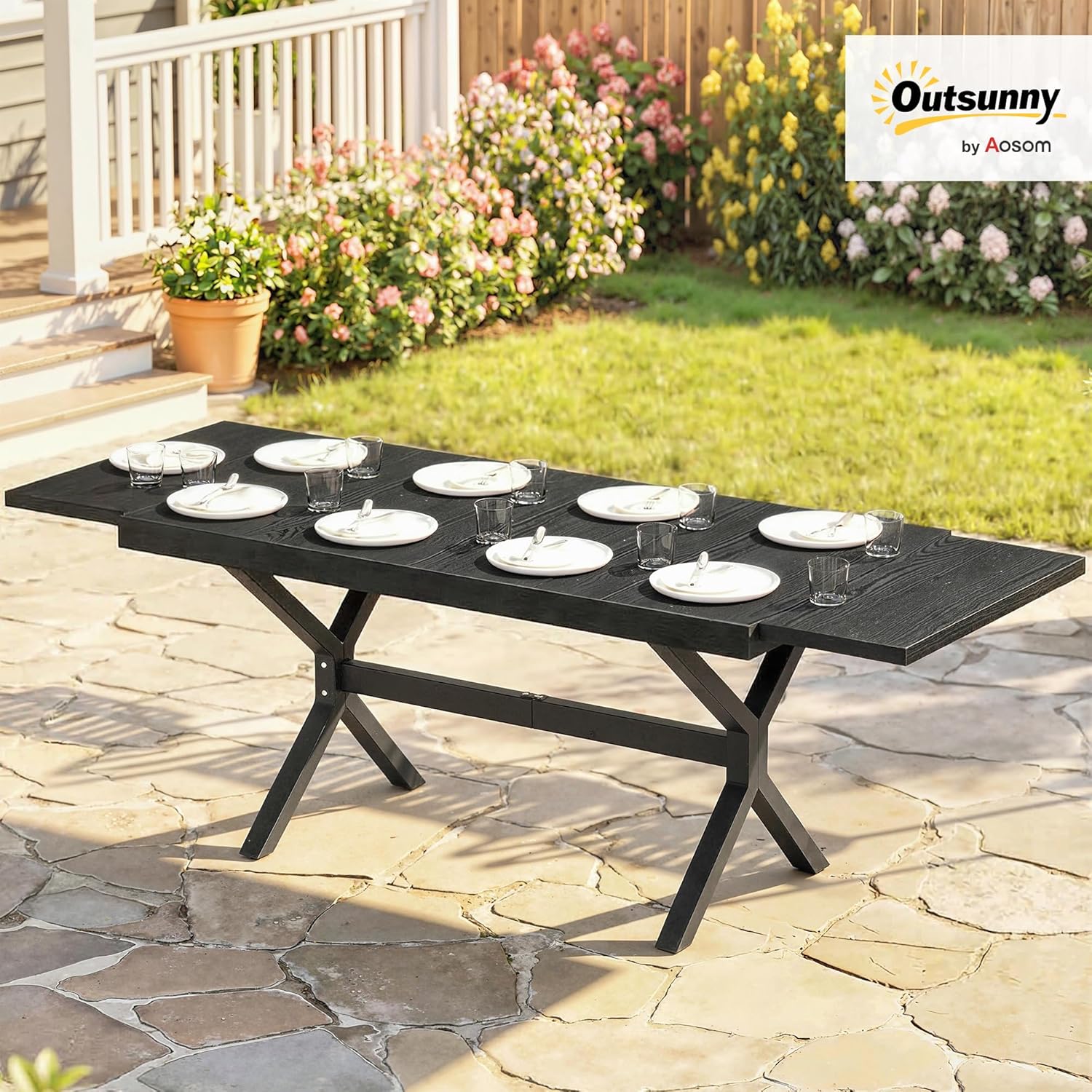 Outsunny - Table Extensible Jardin - 154-214 cm - Alu effet bois, 8-10 pers, pieds réglables, structure X, gris anthraci