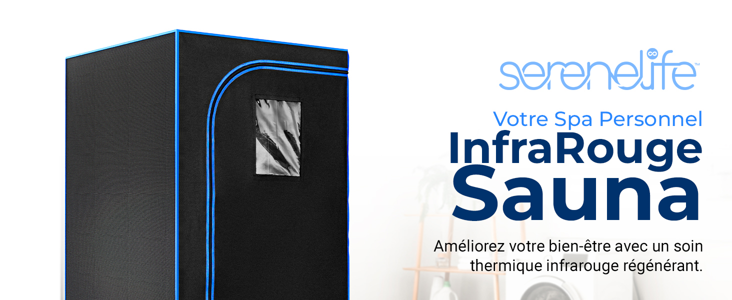 , une unité de sauna infrarouge portable noire avec garniture bleue. Comprend une petite fenêtre et le nom du produit est visible.