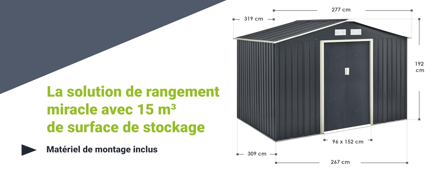 avec dimensions. Couleur gris foncé, toit en pente, porte simple. Le texte mentionne une capacité de stockage de 15 m².
