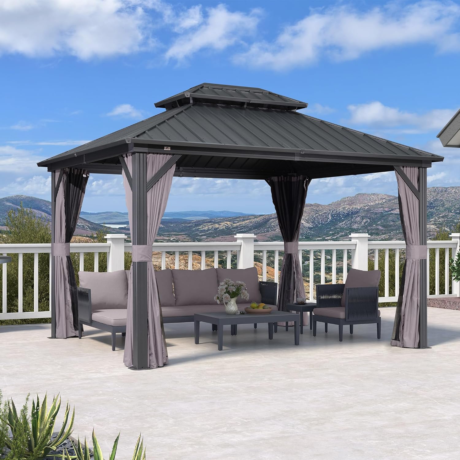 PURPLE LEAF - Pergola aluminium double toit 3,65x3m rideaux moustiquaire
