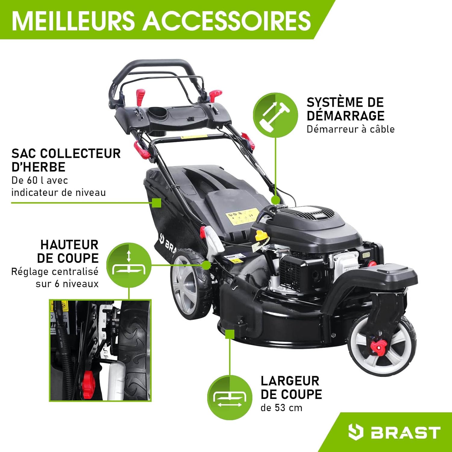 BRAST - tondeuse thermique 3 roues - 53cm, 224cc, 7cv, mulching, 4en1, capot acier, guidon réglable - TRIKE