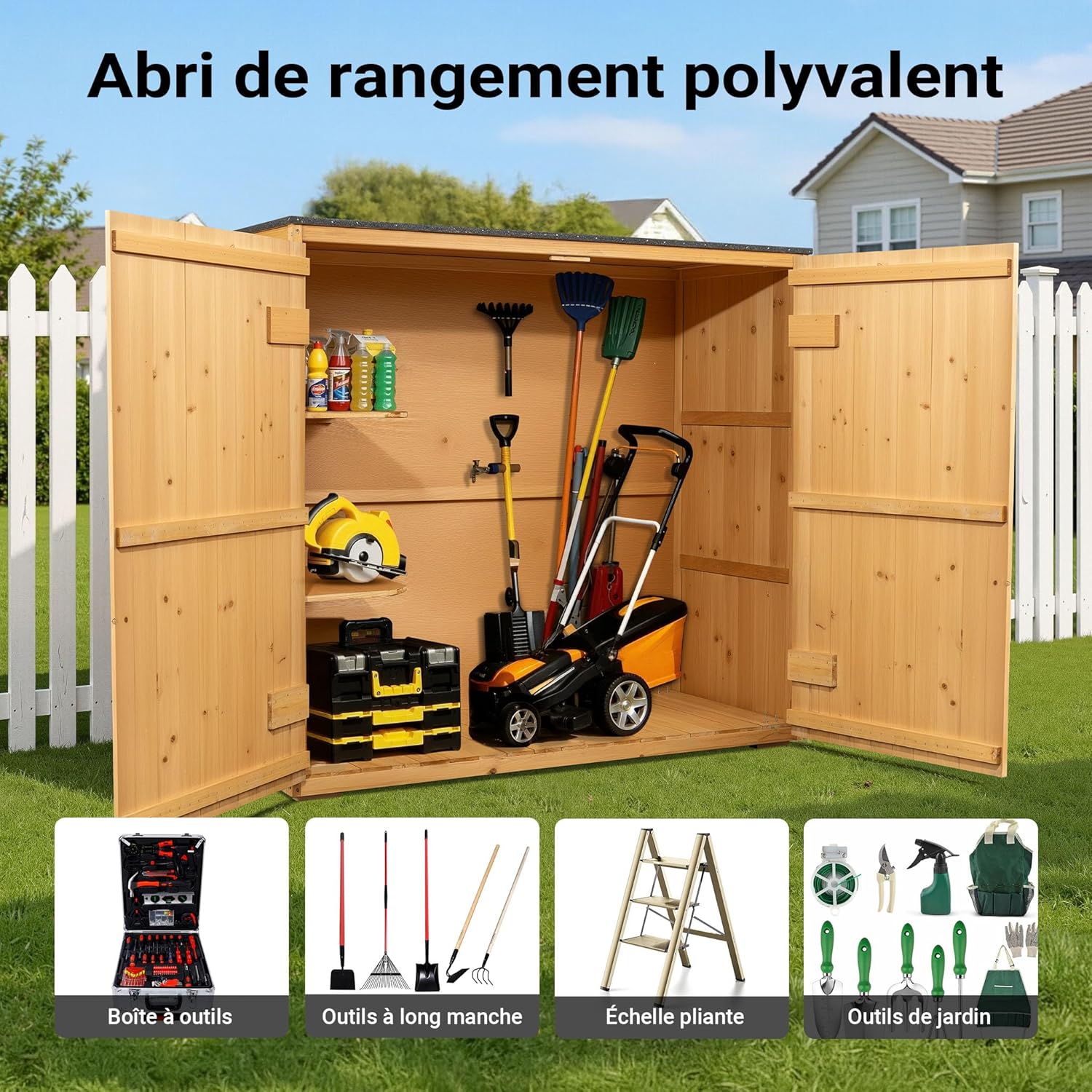 Wiltec Abri de Jardin – 1360 x 580 x 1270 mm – en Bois Verni – avec Toit revêtu par PVC et 2 Portes – Cabane Remise pour Rangement Outils pour Jardin, Terrasse & Balcon