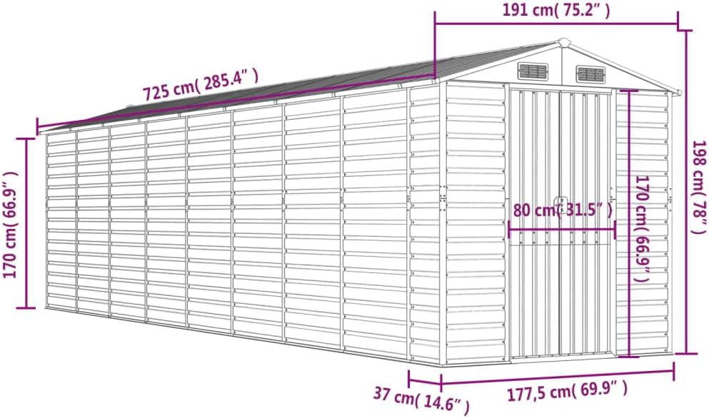 Abri de jardin acier galvanisé - 191x725x198cm - gris clair