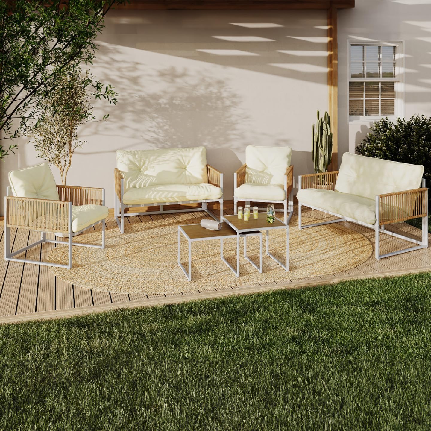 IDMarket - Rio série - 6 places - métal blanc, corde rotin, coussins beige