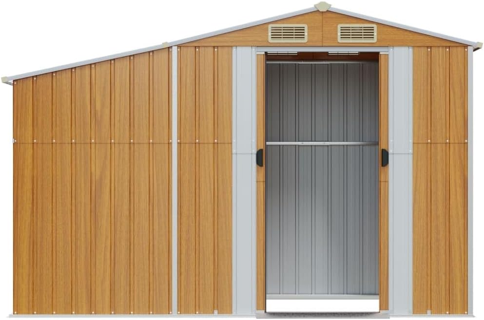 Abri de jardin acier galvanisé marron 277x93x179cm, toit incliné, aérations, support bois