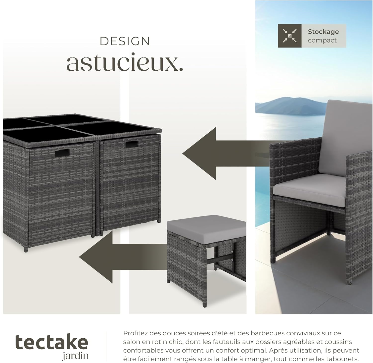 tectake - Salon de jardin gris 4 chaises, 4 tabourets, housse, polyrotin