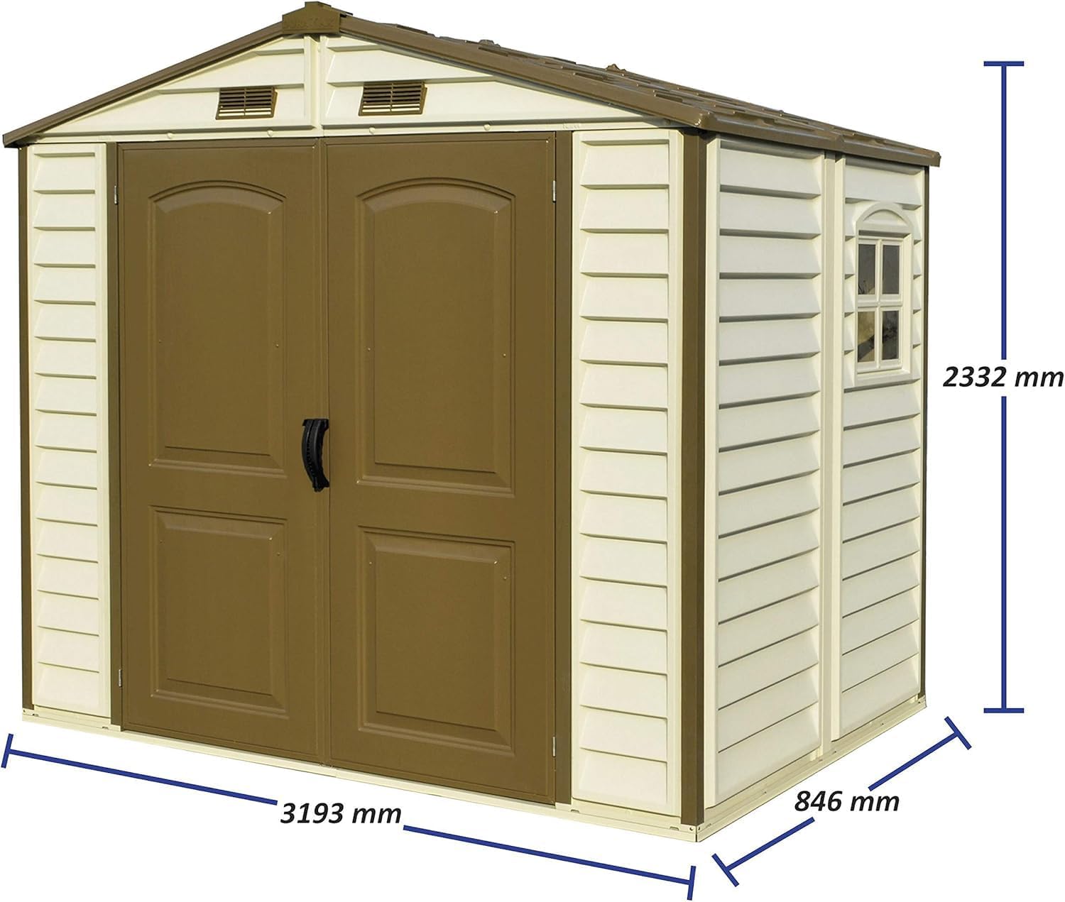 Duramax StoreAll 8 x 6 (3.85 m²) Abri de jardin en plastique avec 1 fenêtre fixe et kit de fondation en métal, structure de toit en métal robuste, ignifuge et sans entretien - Ivory/Brown