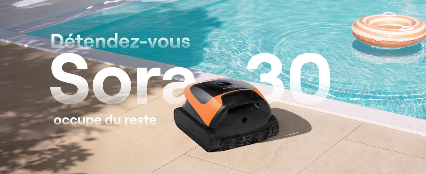 Le texte indique « Sora 30 » et « Détendez-vous ». Scène de piscine avec flotteur gonflable par temps ensoleillé.