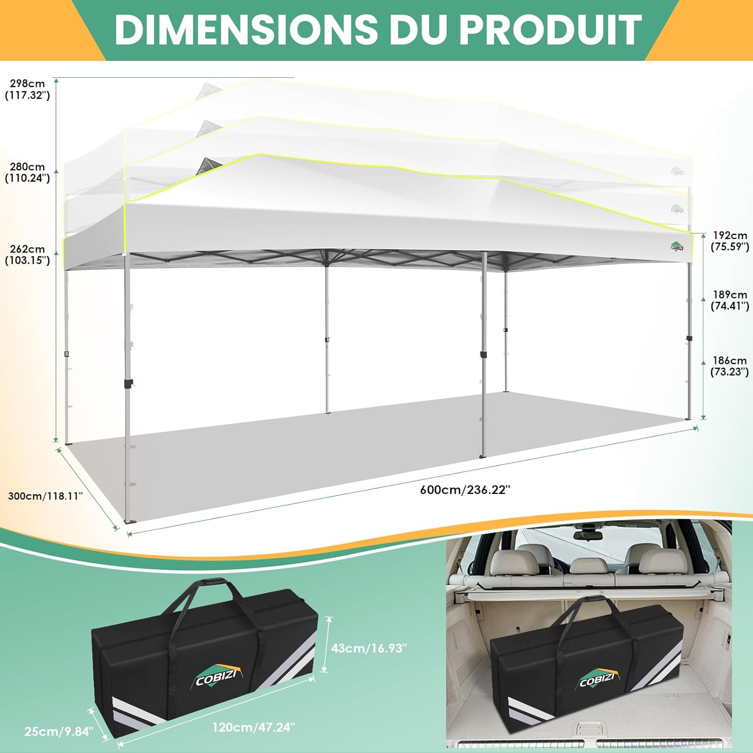 COBIZI - tonnelle pliante 3x6m - verrou central, 6 parois, UV50+