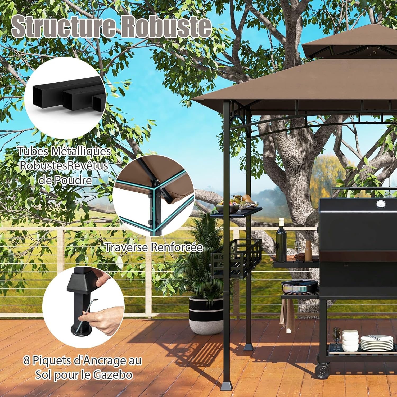 GOPLUS - tonnelle barbecue extérieur - 242x153x250cm - double toit, crochets, décapsuleur