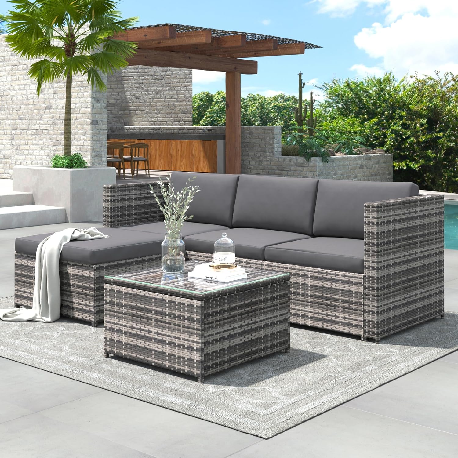 Sapgaks - Salon de jardin 3 places  - rotin, coussins, table verre, gris