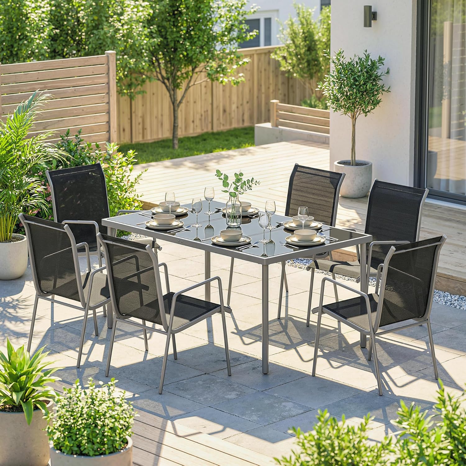 Outsunny - salon jardin 6 personnes - table verre, chaises empilables, textilène, argent