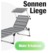 Le texte se lit comme suit : « Sonnen Liege » et « Mehr Erfahren ». La publicité montre une chaise longue inclinable réglable avec cadre en aluminium et segments rembourrés, affichée en niveaux de gris.