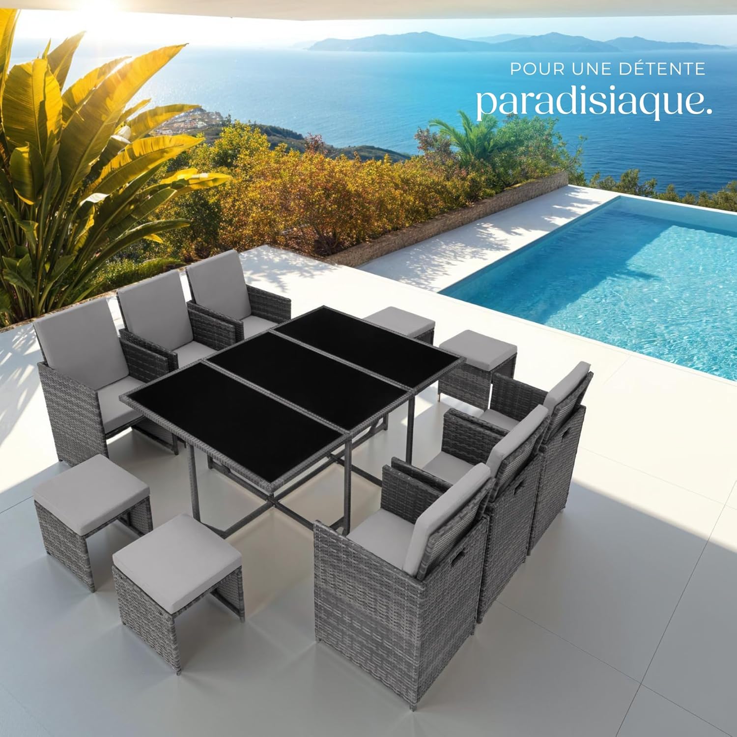 tectake - Salon de jardin Poly Rotin 10 pers. 6 fauteuils et 4 poufs, table et housse
