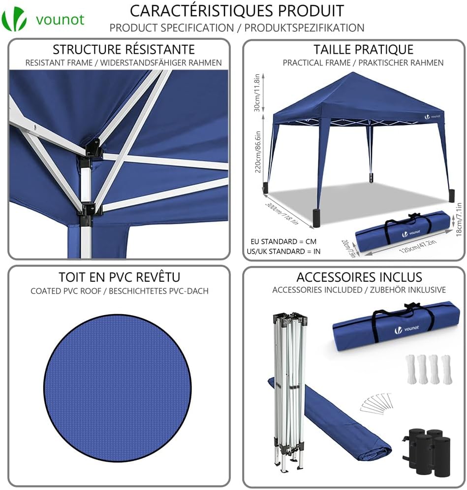 VOUNOT - tonnelle pliante série jardin 3x3m, installation rapide, auvent, sac transport et sacs sable inclus
