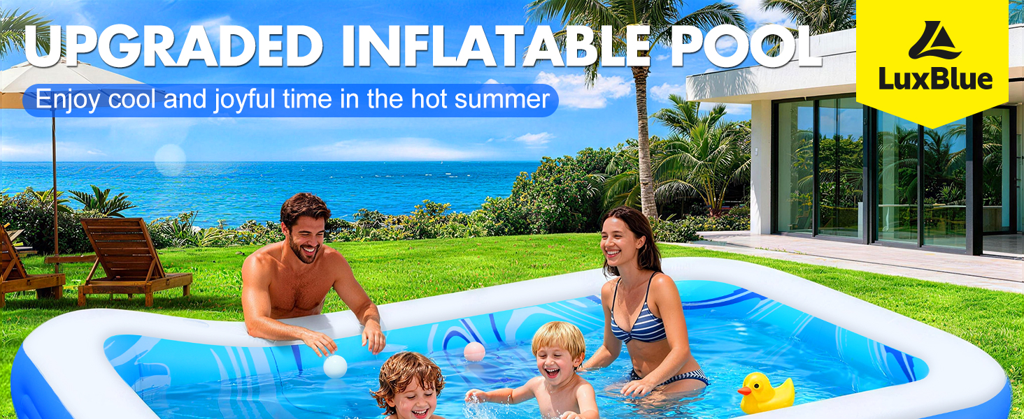 Le texte indique « PISCINE GONFLABLE AMÉLIORÉE », « Profitez de moments frais et joyeux pendant l'été chaud », « LuxBlue ». Image du produit montrant une piscine familiale gonflable bleue avec des enfants jouant et des adultes surveillant dans le jardin pendant une journée ensoleillée.