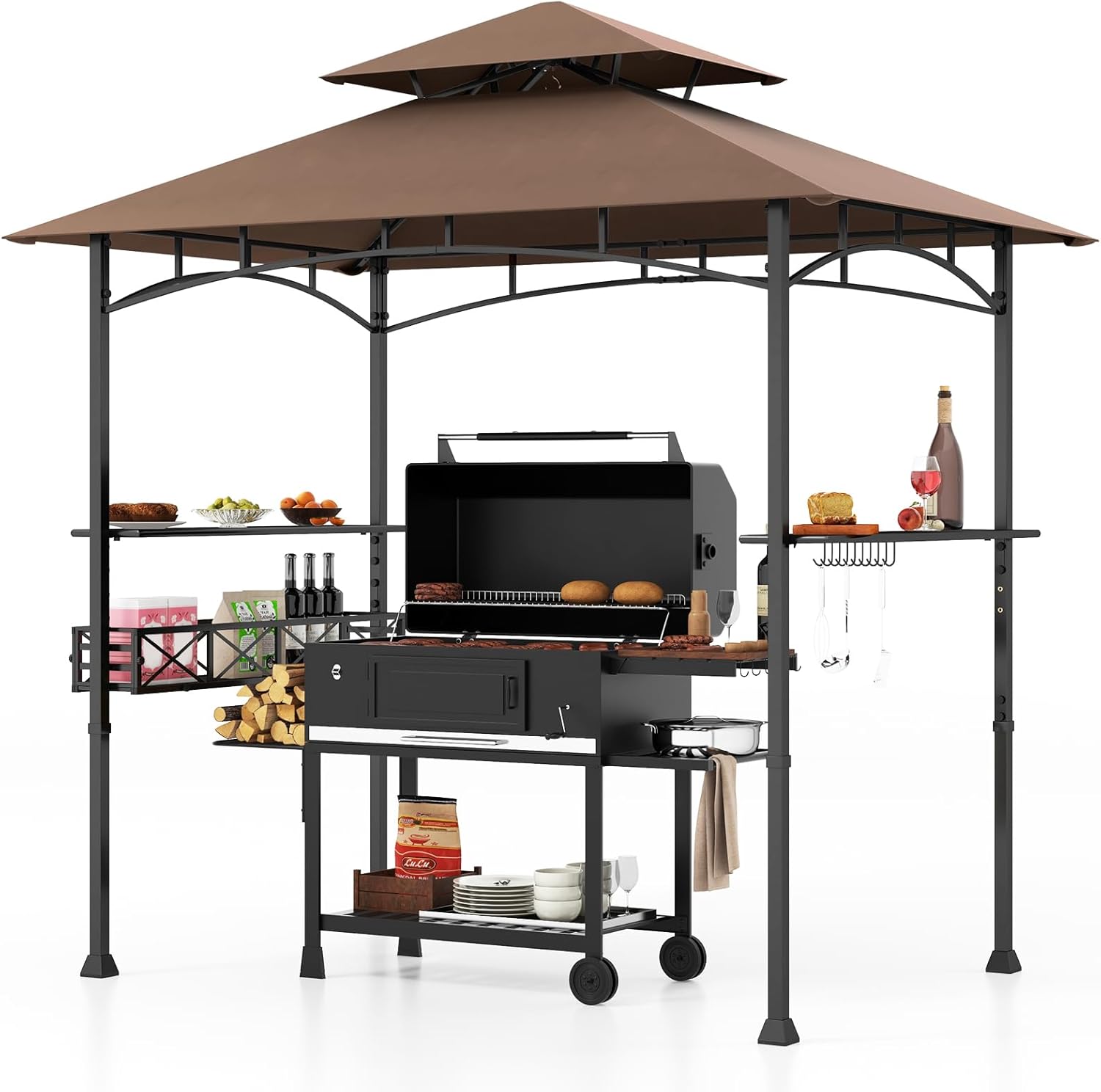 GOPLUS - tonnelle barbecue extérieur - 242x153x250cm - double toit, crochets, décapsuleur