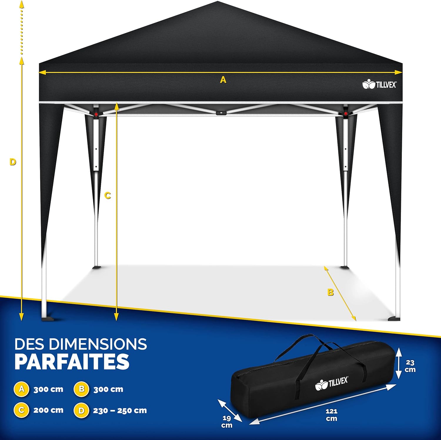 tillvex - tonnelle pliante 3x3m - réglable, UV 50+, sac transport