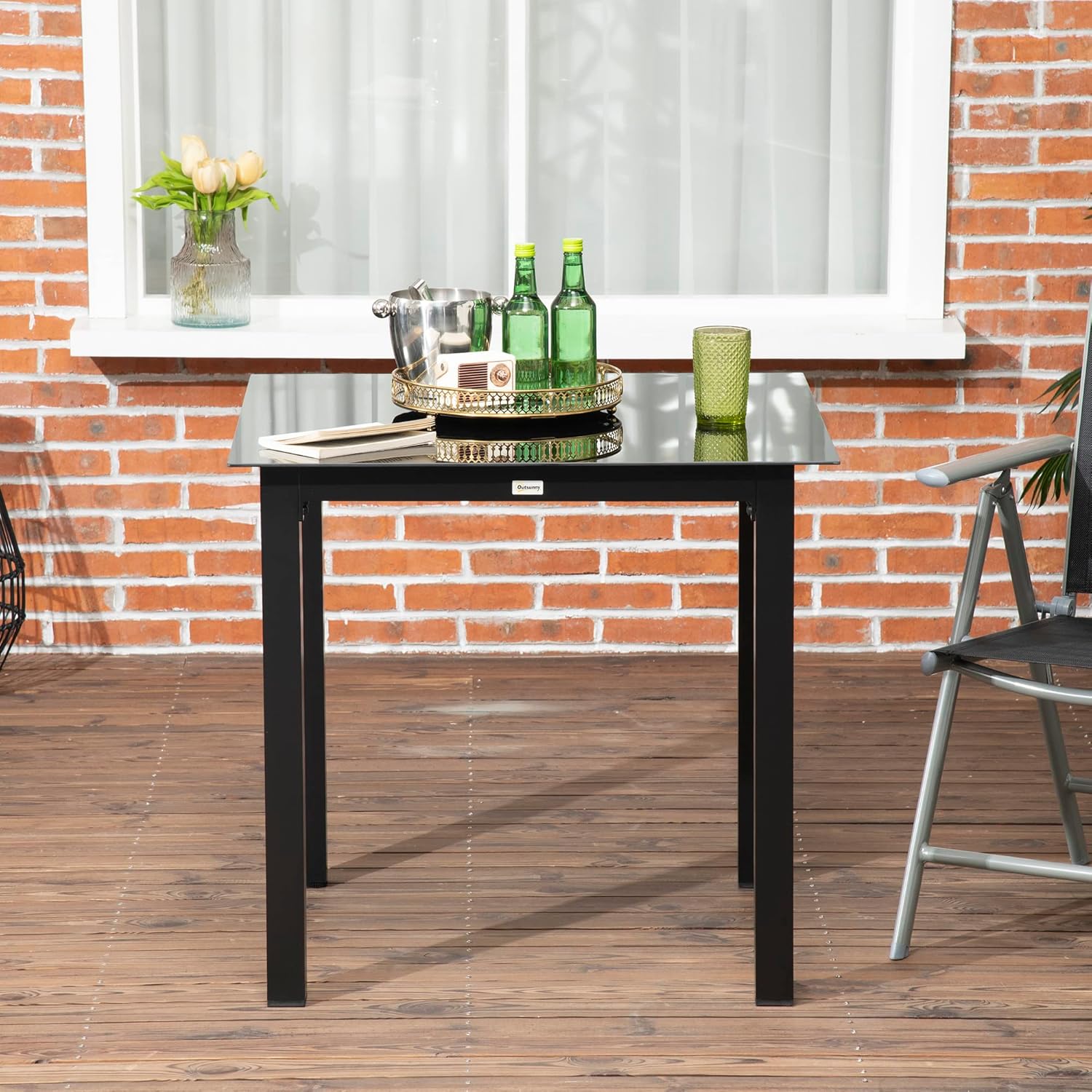 Outsunny - Table de jardin carrée - 80x80x74 cm - aluminium, plateau en verre trempé