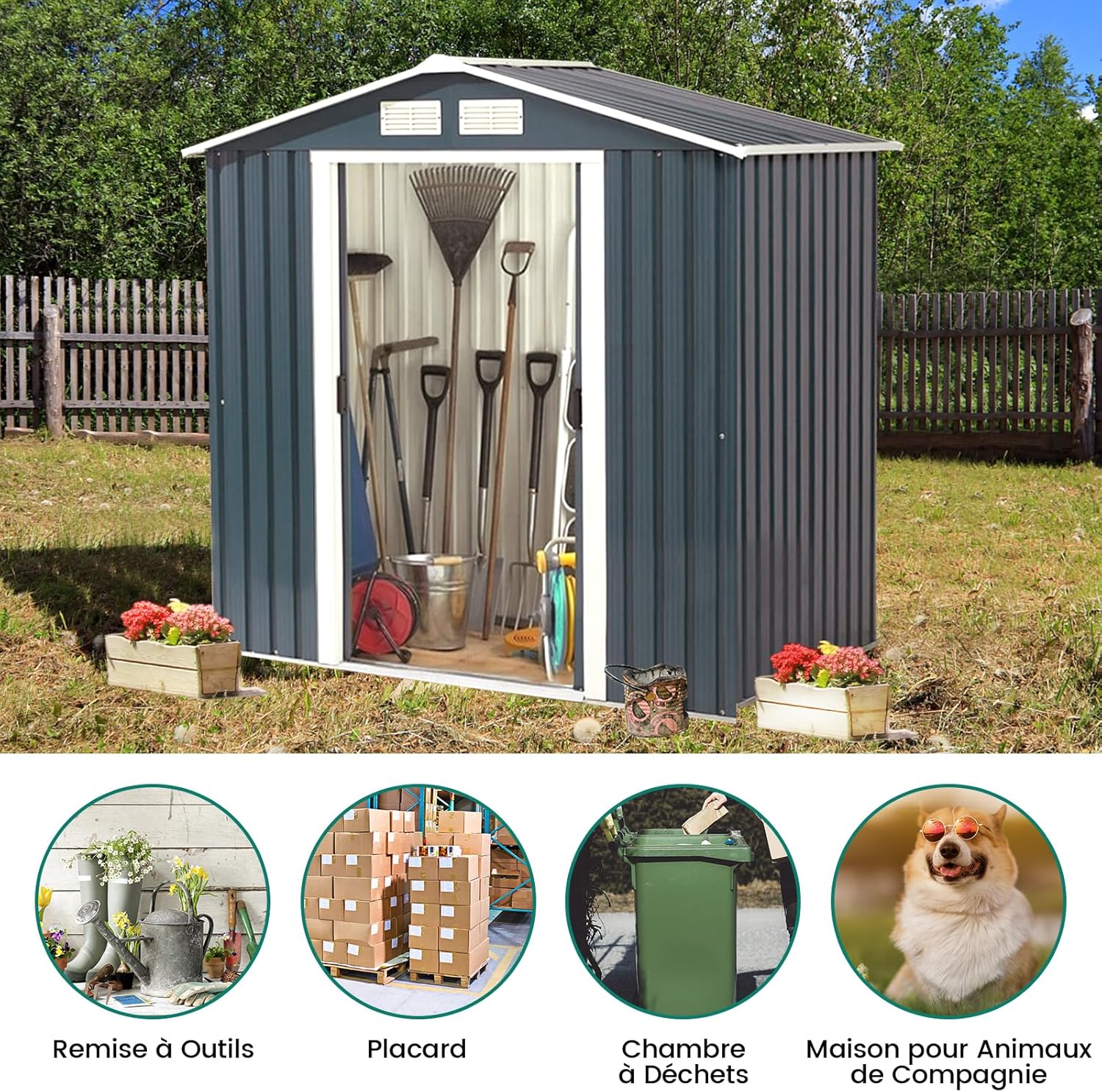 GOPLUS 2,37㎡ Abri de Jardin Métal Galvanisé avec Base, Résistant aux Intempéries, Cabine de Jardin Extérieur 2 Portes Coulissantes avec 2 Fenêtres de Ventilation, 4,39m³, 213 x 127 x 185 cm, Gris