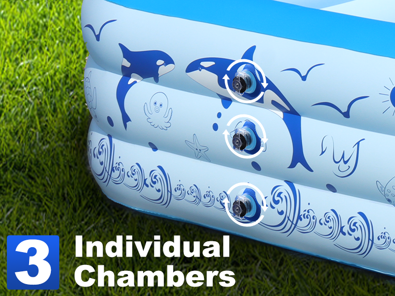 Le texte indique « 3 personnes » et « 3 chambres ». Piscine gonflable bleue avec des motifs de dauphins et des motifs de tourbillons décoratifs présentés sous plusieurs angles.
