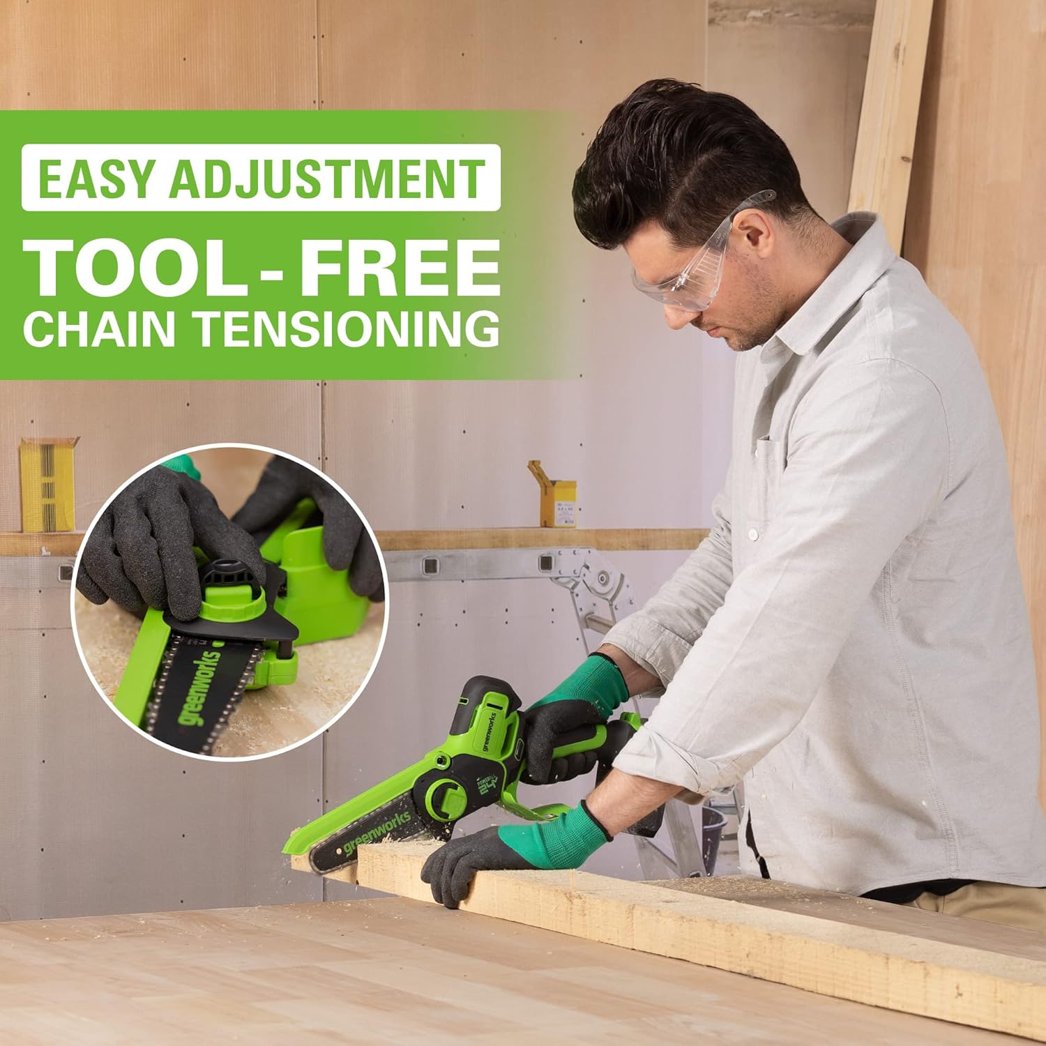 Greenworks 24V Mini Tronçonneuse 10cm Tronçonneuse à batterie sans fil alimentée par batterie et chargeur, vitesse de chaîne de 7,8 m/s, pour branches d'arbres, cour et usage domestique.