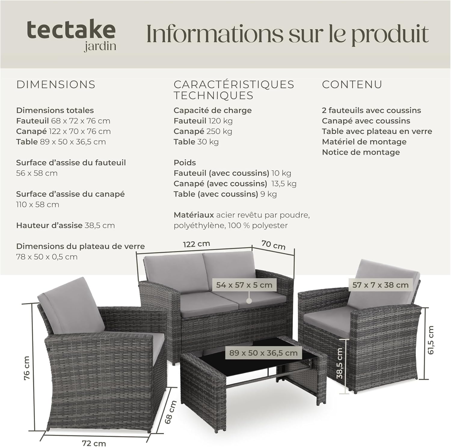 tectake - Salon de jardin 4 places, résine tressée, canapé, 2 fauteuils, table verre, coussins inclus, Gris/Gris Clair