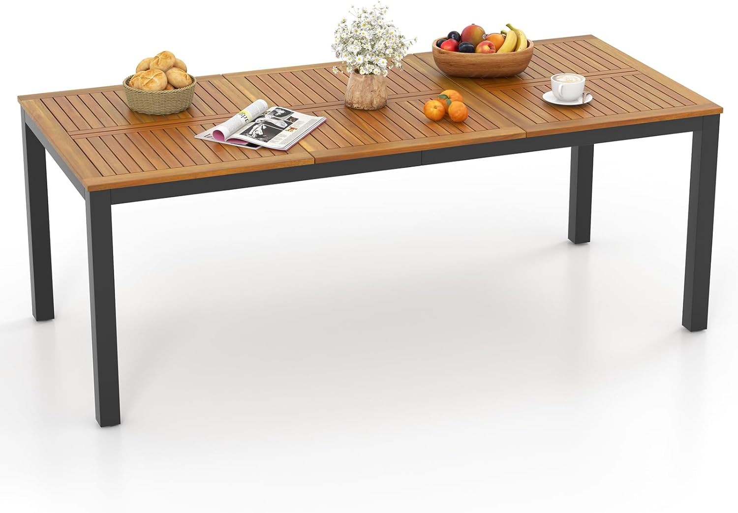 Costway - Table de jardin rectangulaire 200 cm, bois acacia, 8 pers, trou parasol, pieds métal
