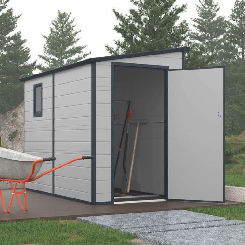 Jôbu Abri de Jardin Adossé en Résine 3,55m² | Gris Clair avec Fenêtre et Aération | Kit de Fondation Inclus | Structure Acier Galvanisé