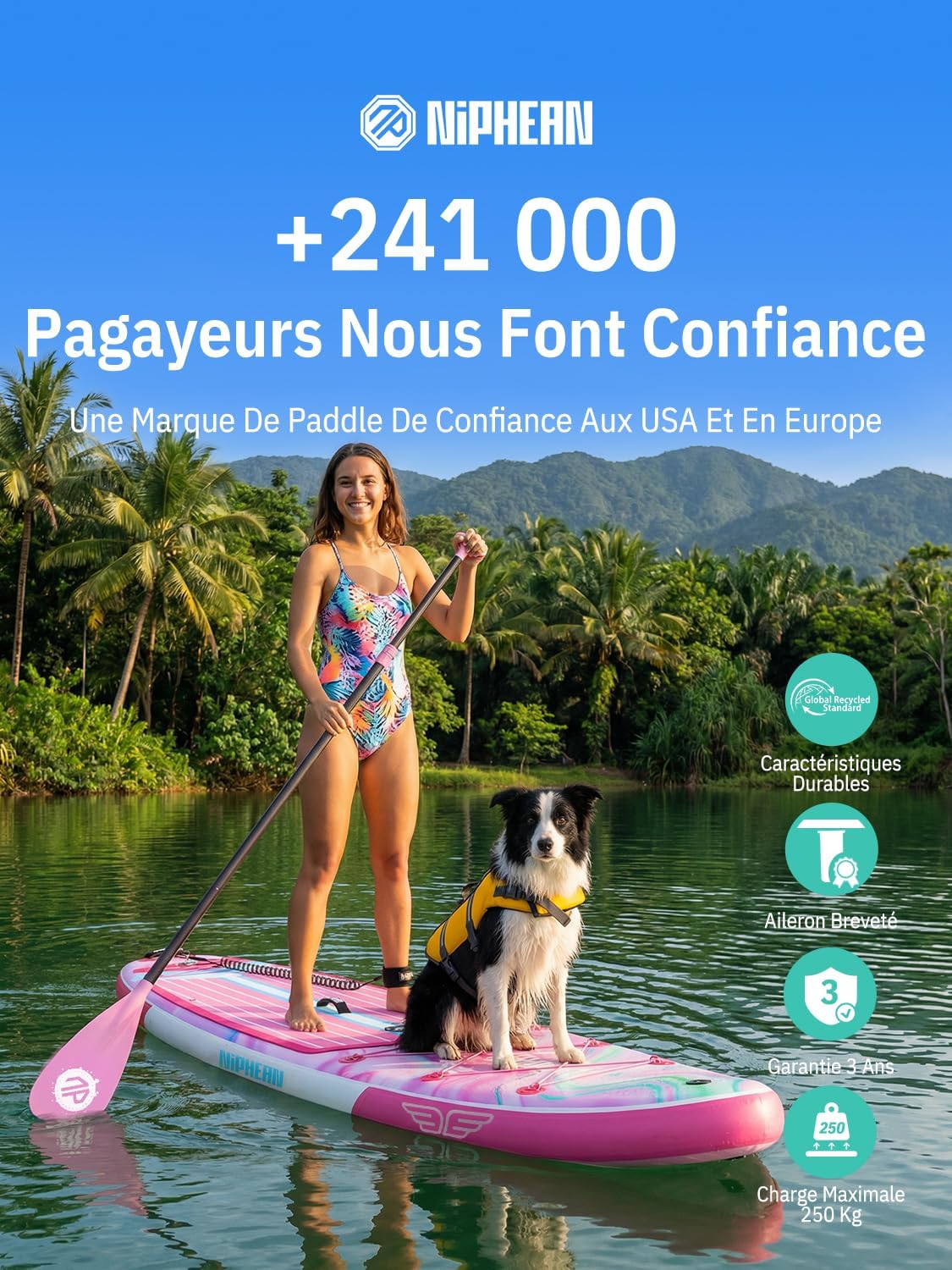 Niphean Extra Large Paddle Gonflable, Sup à 2+1 Personnes/Famille, Planches de Stand Up Paddle Gonflables avec (Idéal Débutant) Aileron Équilibré, Housse Étanche, Paddle Gonflable Adulte, Cadeaux