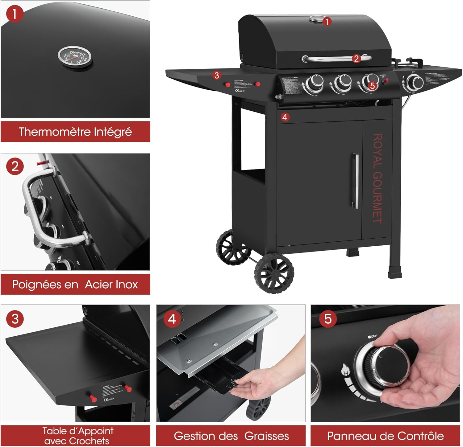 Royal Gourmet - barbecue gaz 3+1 brûleurs inox - 11,5 kW - chariot, 2 roues, thermomètre