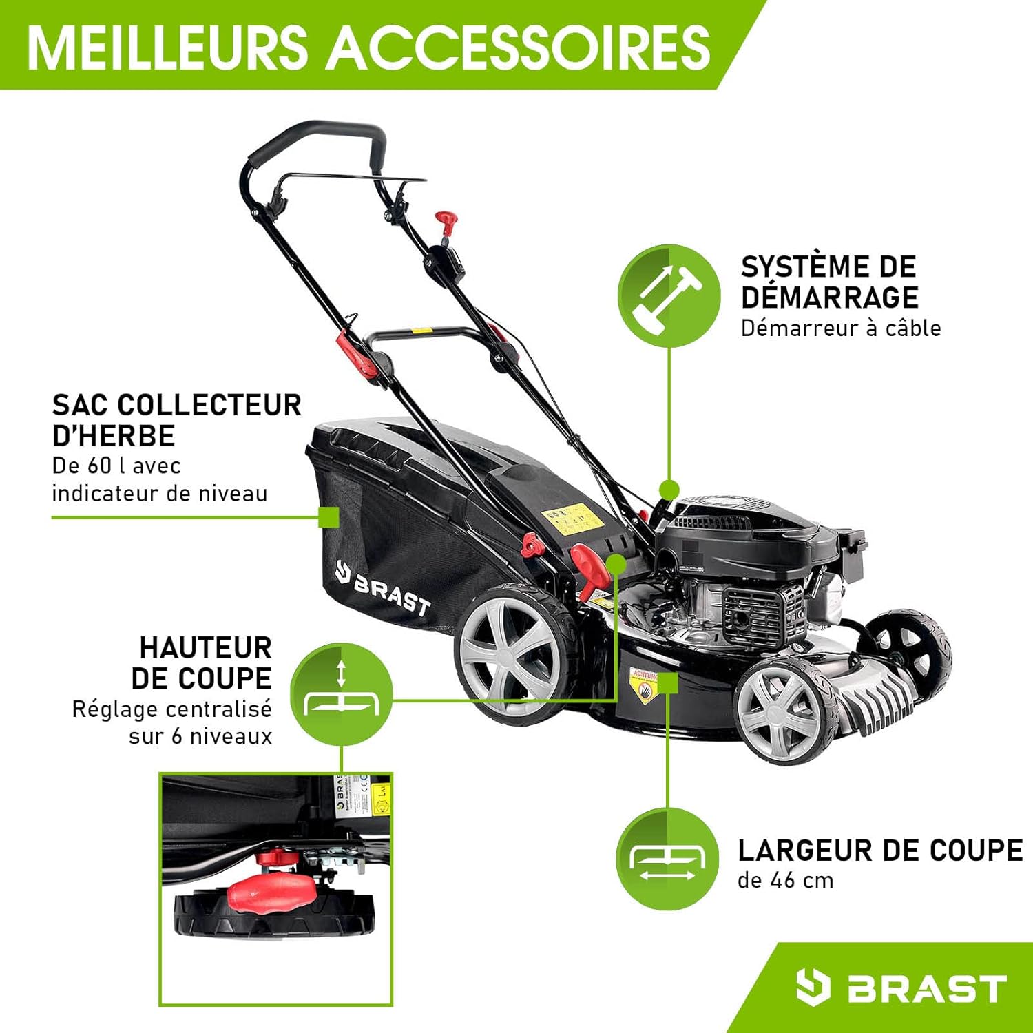 BRAST Tondeuse Thermique tractée 46cm 170 CC mulchig 3,5kW (4,7 CV), 60l -5 MODÈLES Diff.- Moteur 4 Temps Easy Clean, 3en1, châssis en tôle d'acier, Tondeuse Thermique Coupe reglable