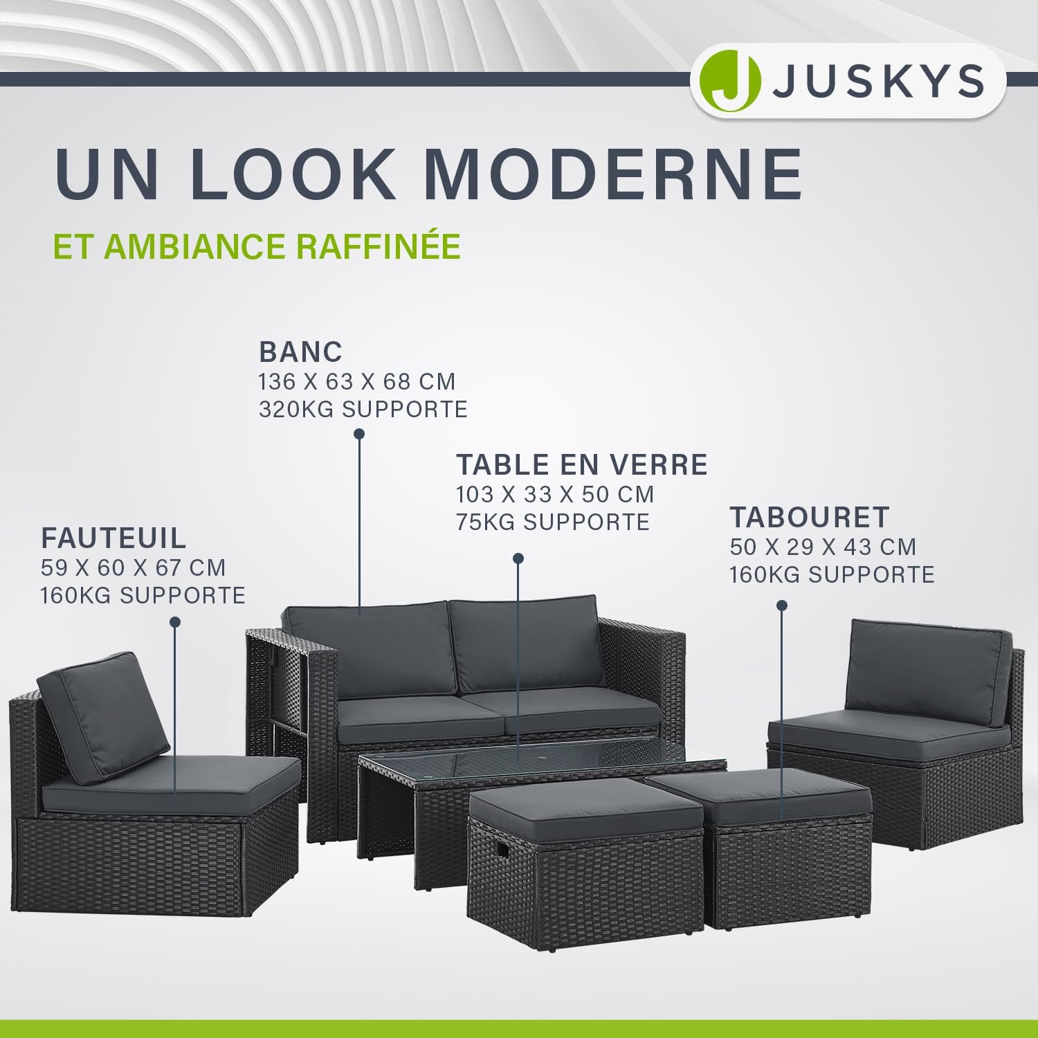 Juskys - Salon de Jardin Salou - 6 places - polyrotin, coussins, table, noir