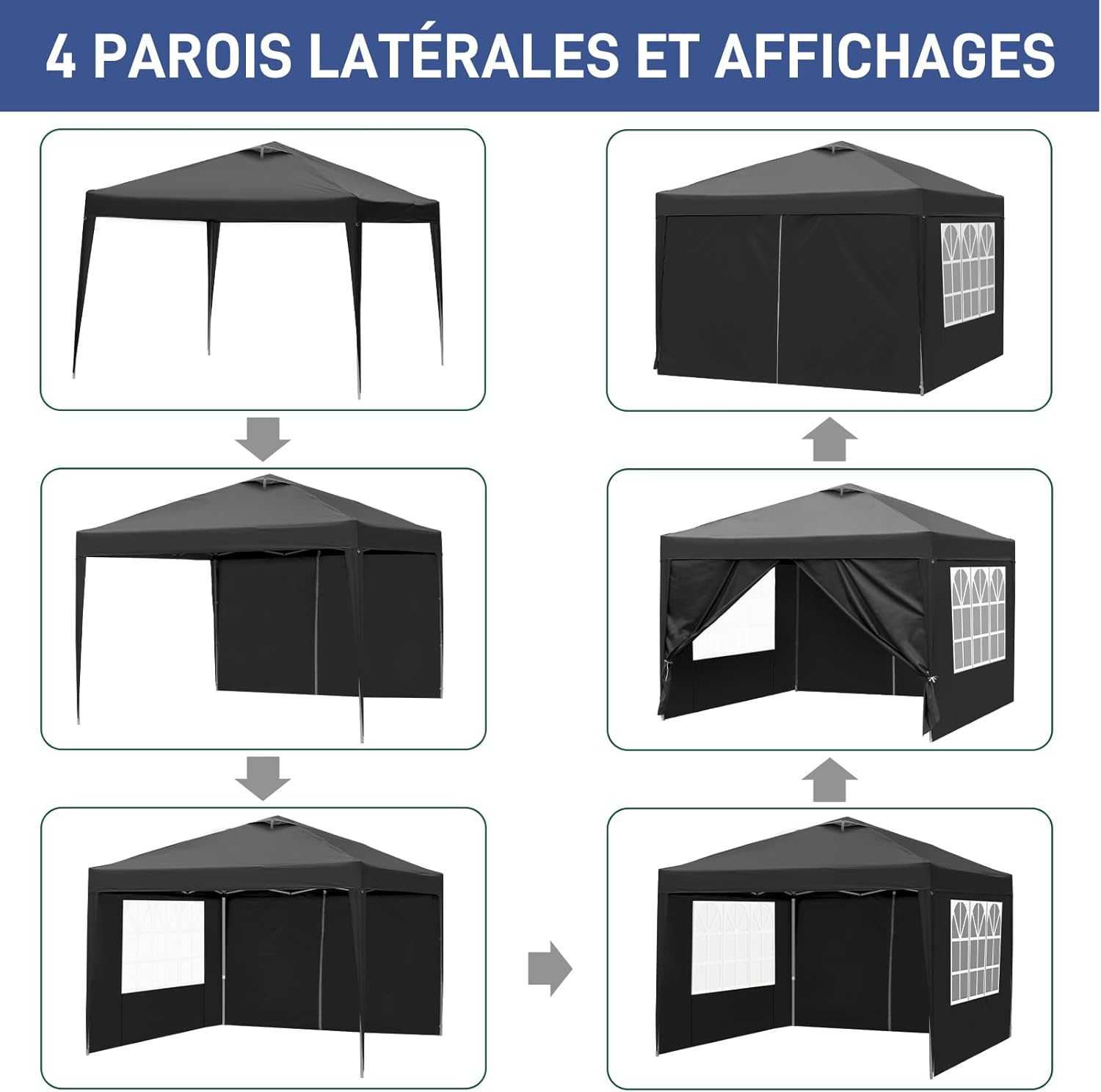 LEADZM - tonnelle pliable 3x3m, imperméable, UV 50+, accessoires, Noir-évent