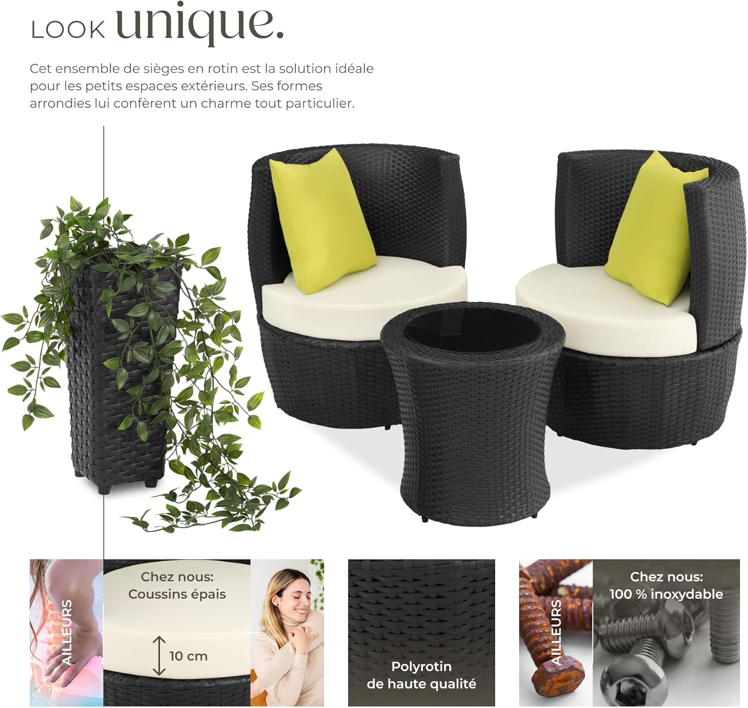 tectake - Salon de jardin 2 places - alu & rotin, table, coussins, pot