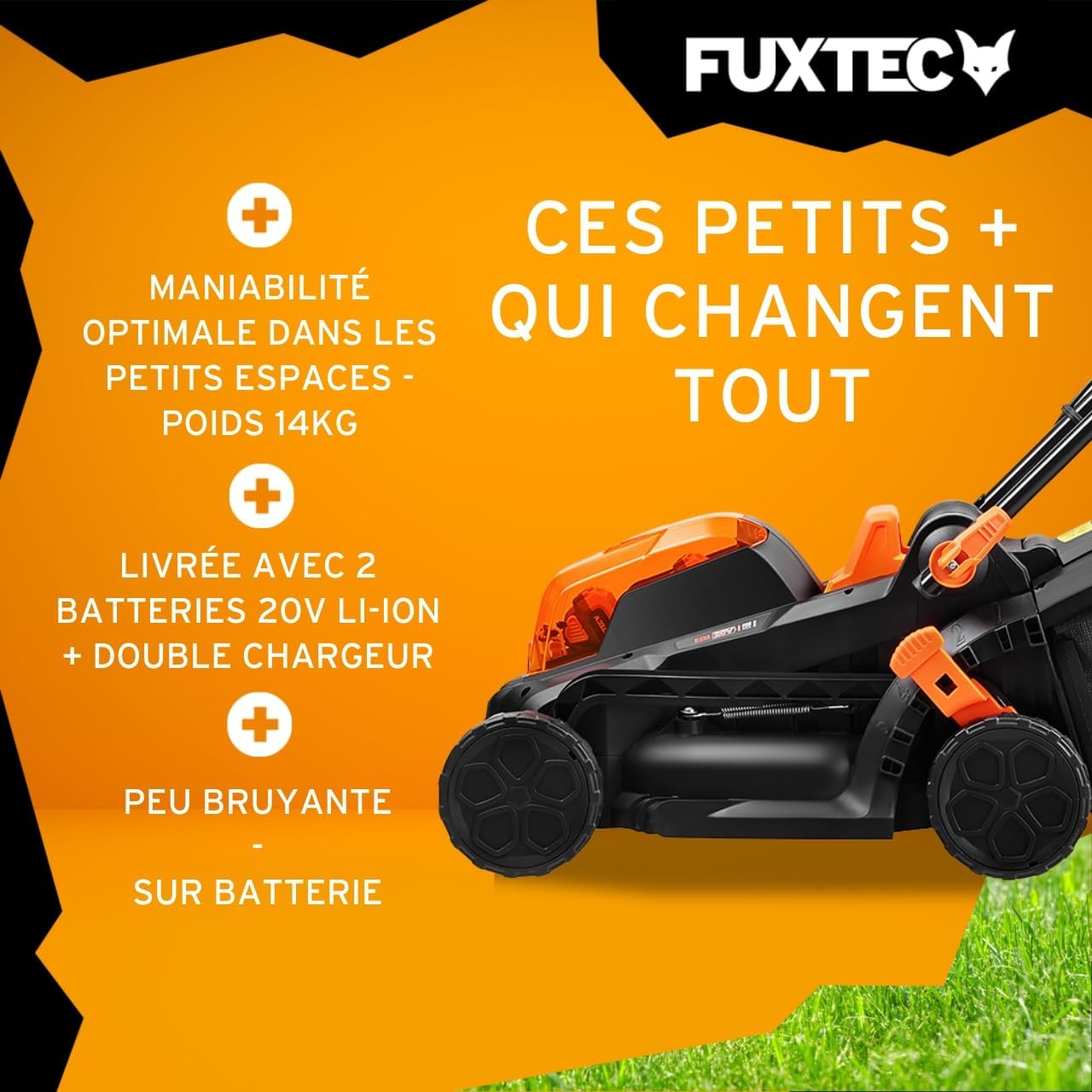 FUXTEC - tondeuse à gazon batterie 40V, 33cm, 2Ah, double chargeur FX-E1RM20