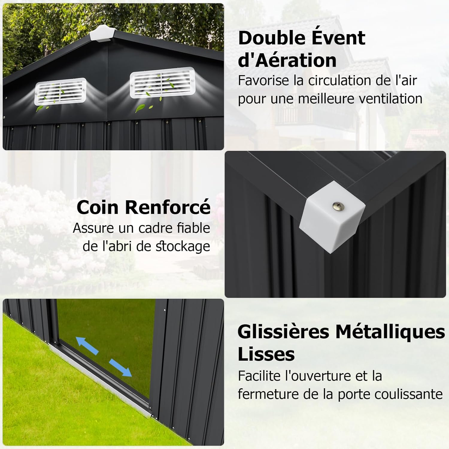 GOPLUS 2,16m² Abri de Jardin 4,26m³, Abri à Outils avec Toit Incliné, Portes Coulissantes, Aérations, Résistant aux Intempéries, Cadre en Acier Galvanisé Antirouille, pour Jardin, Arrière-Cour