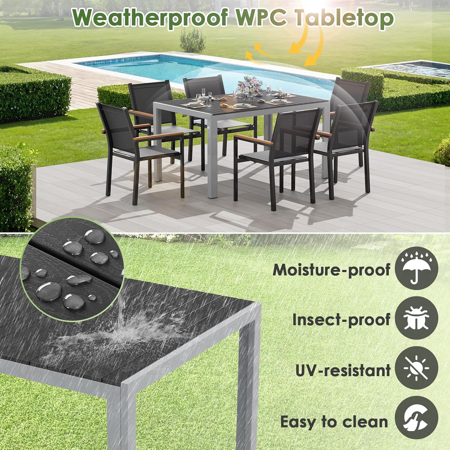 LIFERUN - table de jardin rectangulaire - 140x90x75 cm - aluminium et WPC, 6 places, noire