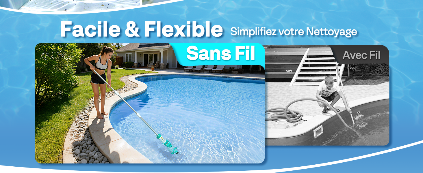 Le texte indique « Fácil & Flexible », « Sana Fil ». Image divisée montrant une piscine hors sol et gros plan du composant du système de filtration de la piscine blanche.