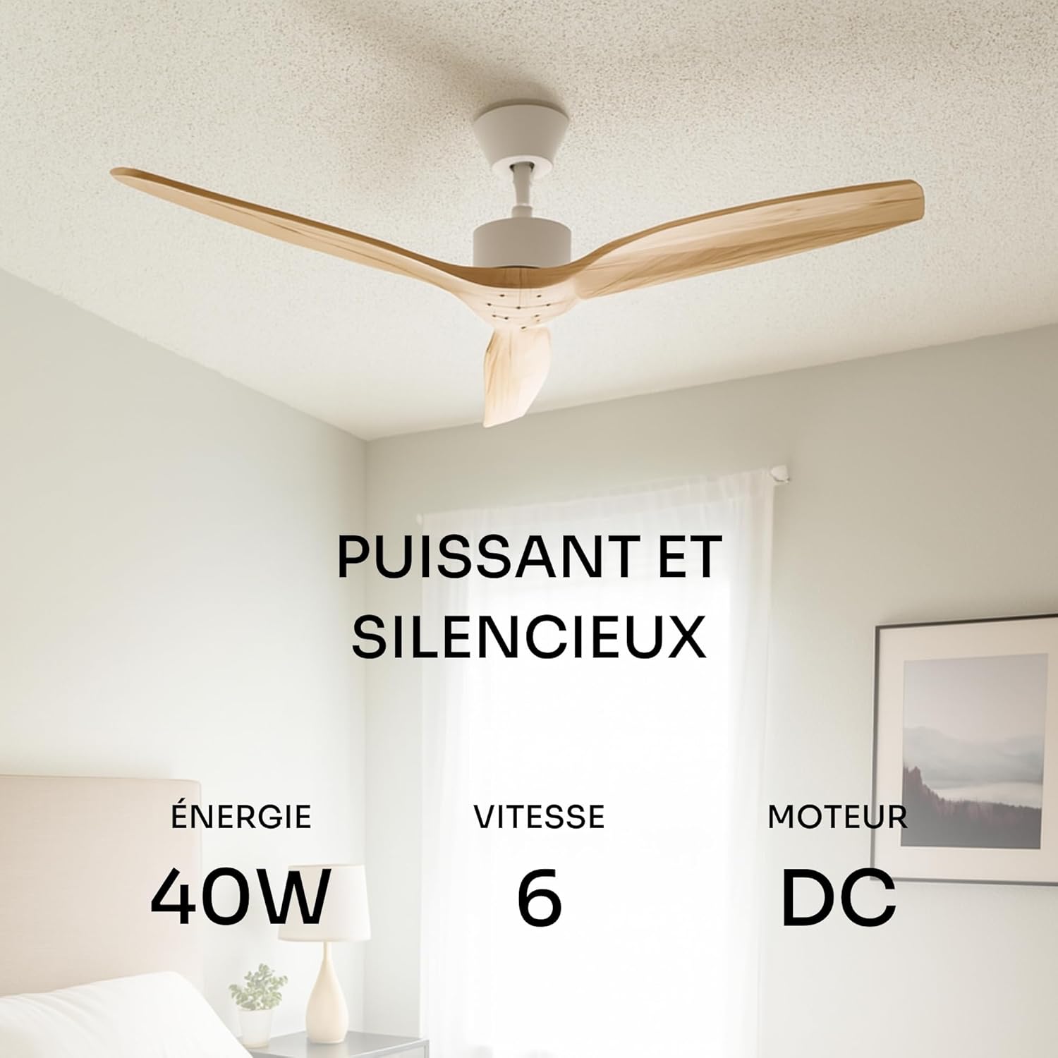 Mellerware - Ventilateur de plafond avec télécommande Brizy! 45W | Puissant | Ultra silencieux | 3 lames | Diamètre 132cm | 6 vitesses | Refroidissement + LED intégrée | Bois clair