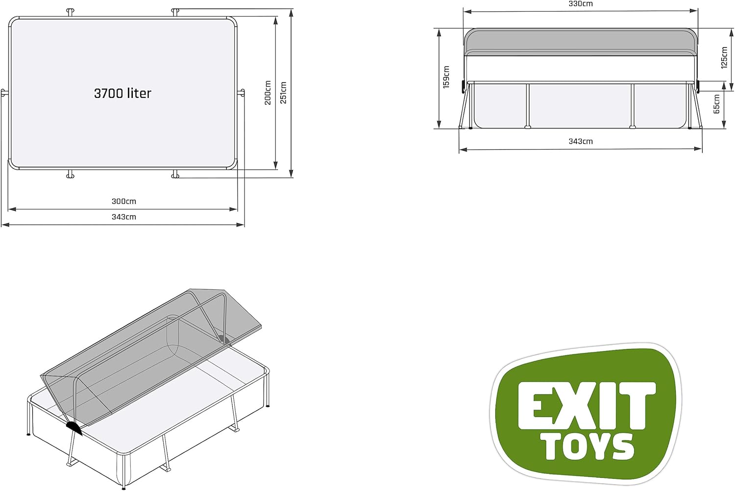 EXIT Toys Piscine Stone avec Voile d'Ombrage - 300x200x65cm - Piscine Hors Sol Rectangulaire avec Pompe Filtrante à Cartouche - Protection Optimale Contre Les Rayons UV - Entrée Basse - Gris