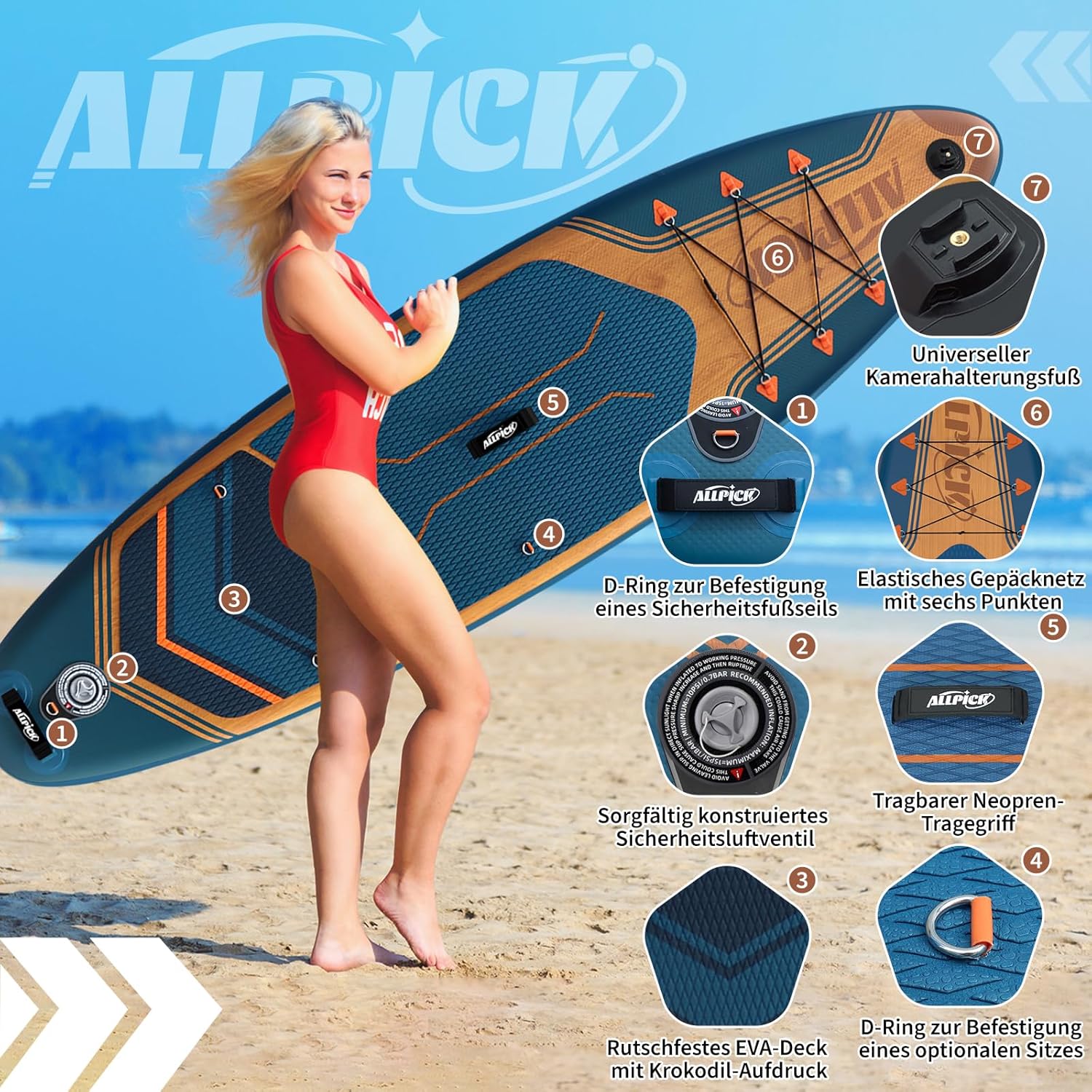 ALLPICK - Paddle gonflable série 320 cm - 200 kg, pagaie réglable, support caméra