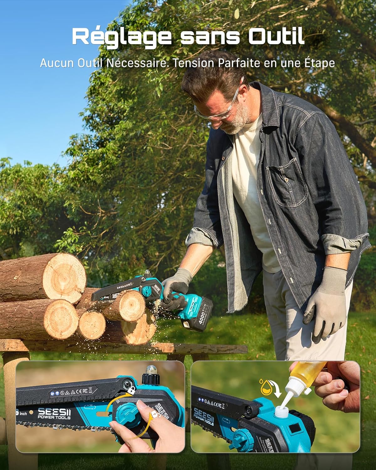 SEESII 2-in-1 Elagueuse sur Perche, Mini Tronçonneuse Brushless 6 Pouces avec 2 x 4000 mAh Batteries, Coupe Branche Telescopique, Portée 4,87 M, Idéal Extérieur & Jardinage