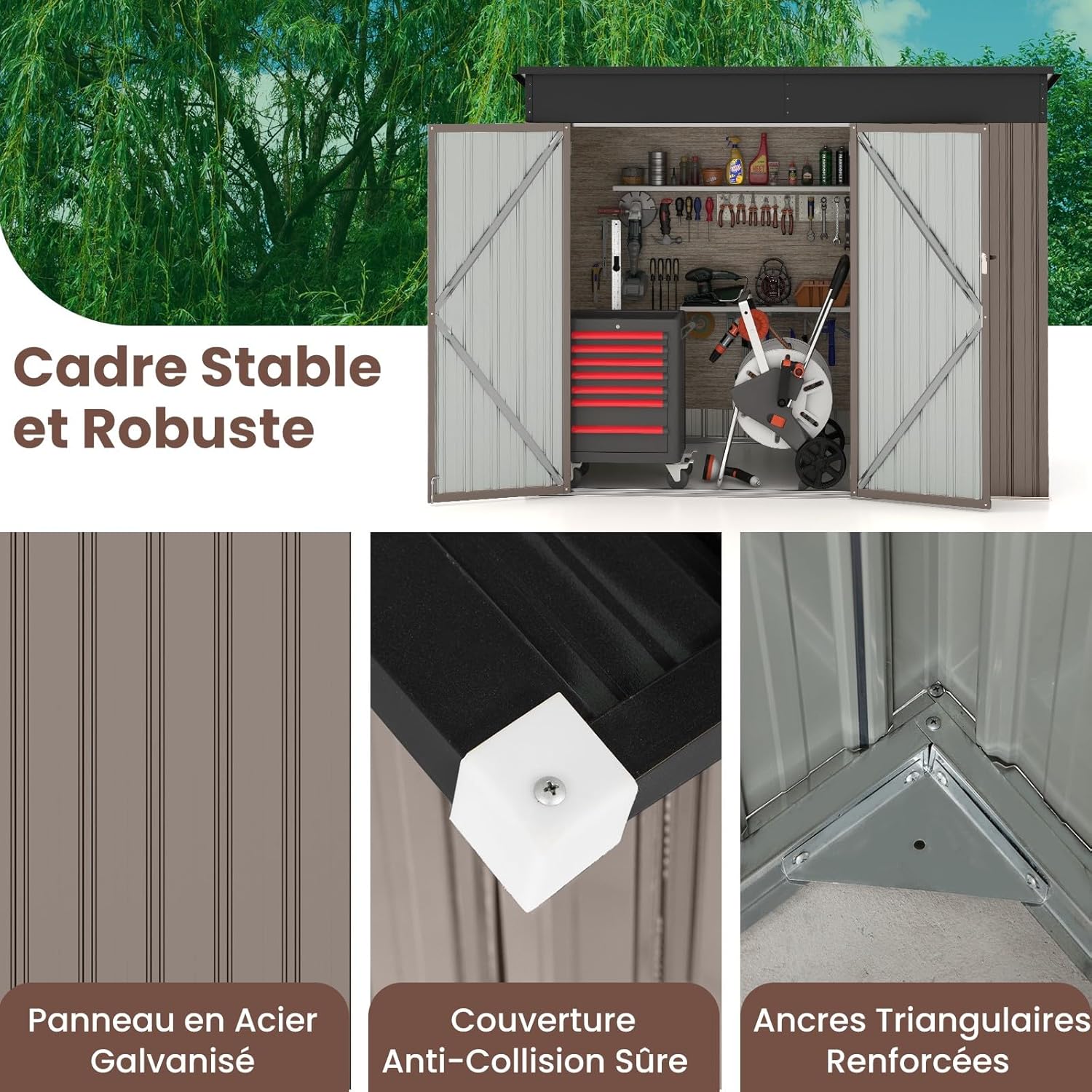 COSTWAY - Abri jardin métal 2,6㎡ - porte clé, aération, toit pente