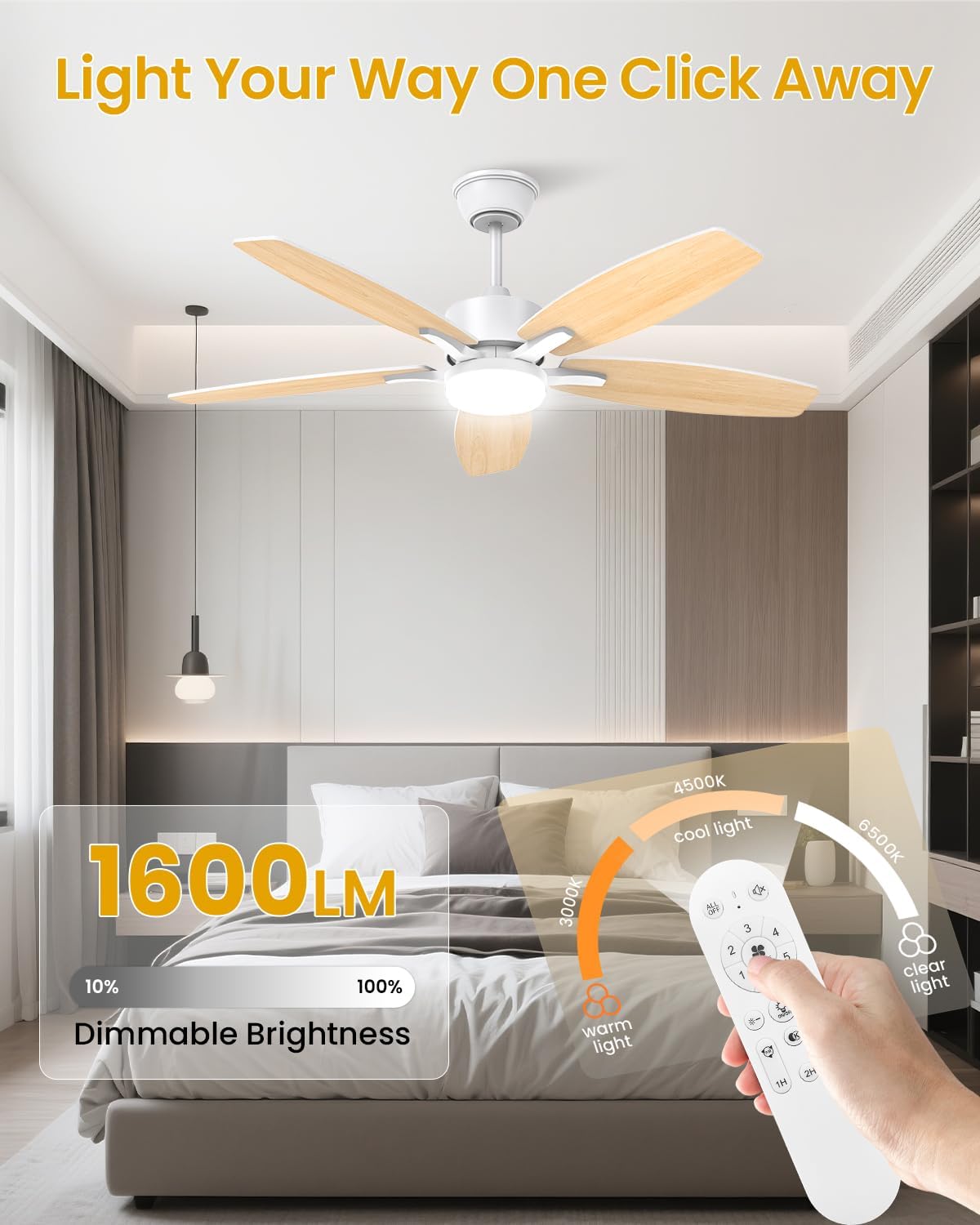 Airwit - Ventilateur plafonnier LED, 106cm, télécommande, moteur DC réversible