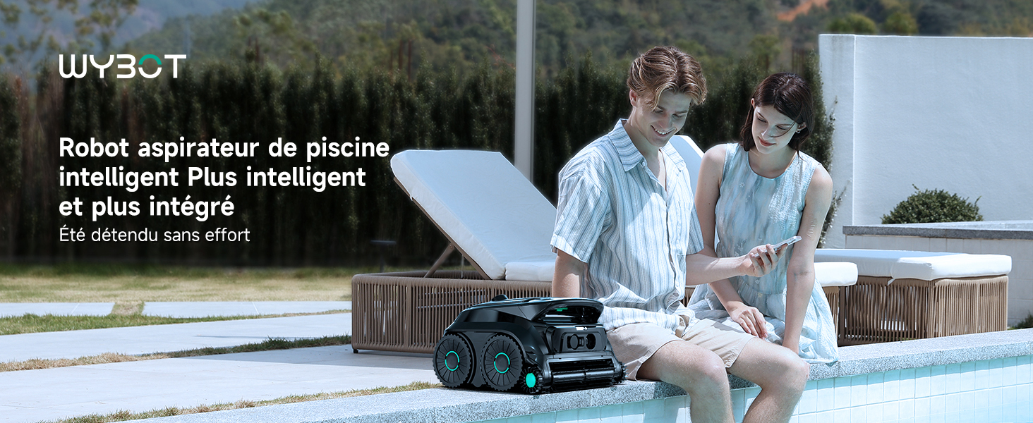Le texte indique « UVPRO+ » en haut. Scène extérieure au bord de la piscine montrant des personnes dans l'eau et sur des chaises longues, démontrant un environnement de loisirs ou d'utilisation de produits récréatifs.